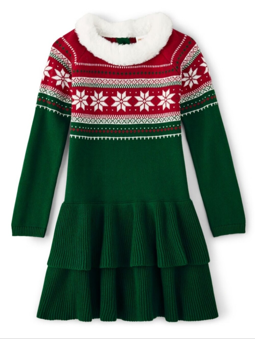 GYMBOREE Girls Holiday Snowflake Knit Dress with Faux Fur Collar - Green & Red 7